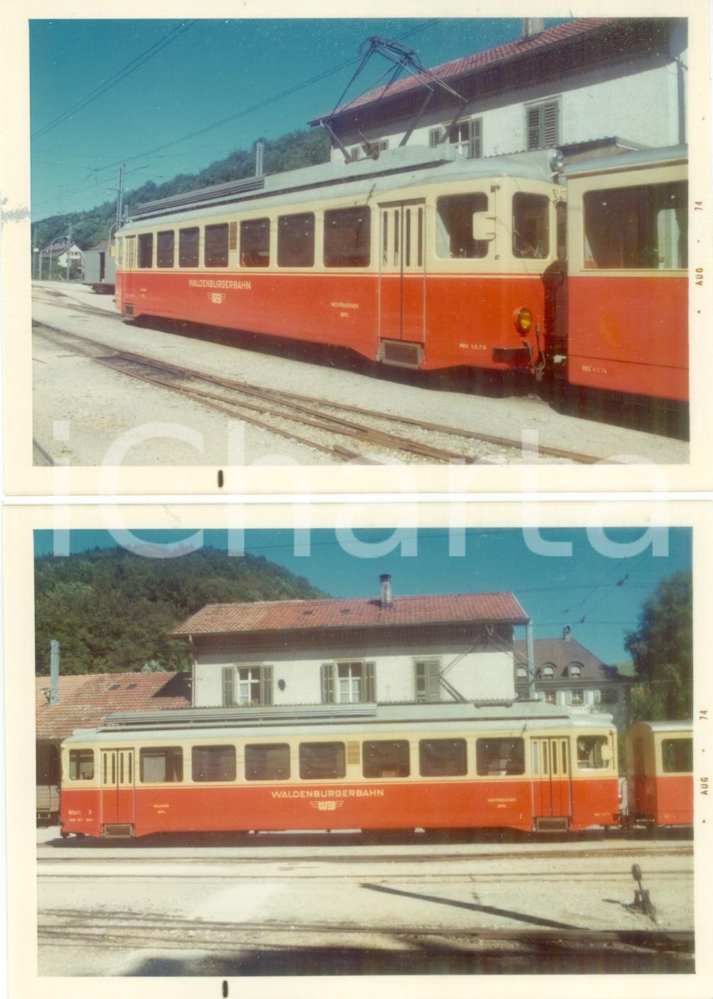 Fotografia d epoca originale 1974 SVIZZERA Ferrovie WALDENBURGERBAHN Vagone non fumatori Lotto 2 fotografie 1