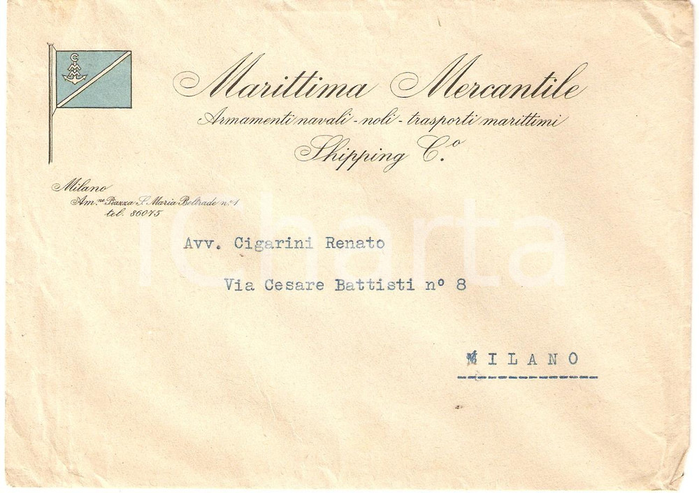 Oggetto da collezione cartaceo 1955 ca MILANO Armamenti navali MARITTIMA MERCANTILE Busta intestata VUOTA 1