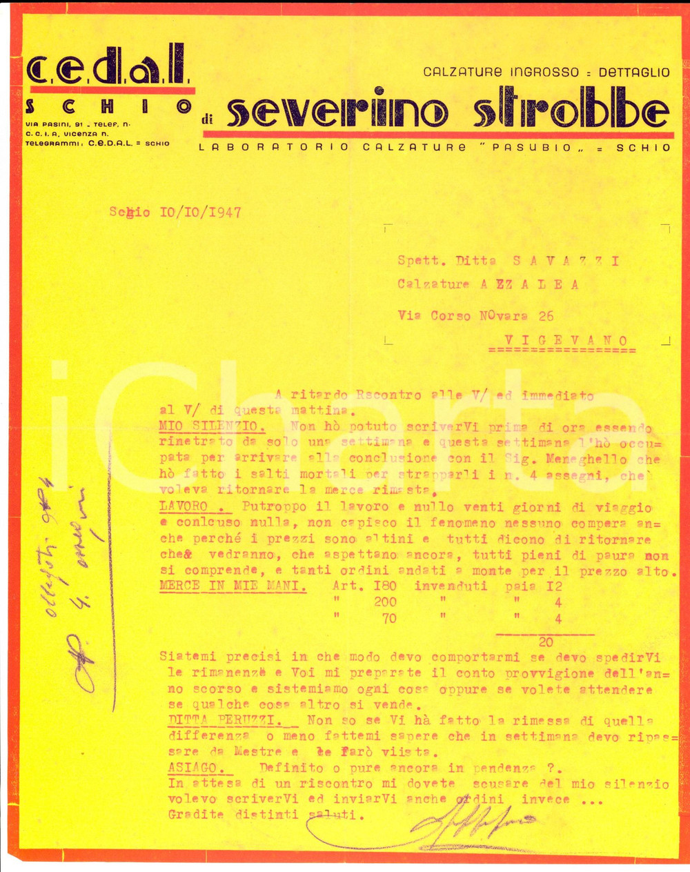 Manoscritto, lettera originale 1947 SCHIO VI Calzature CEDAL di Severino STROBBE  Gli ordini vanno a monte 1
