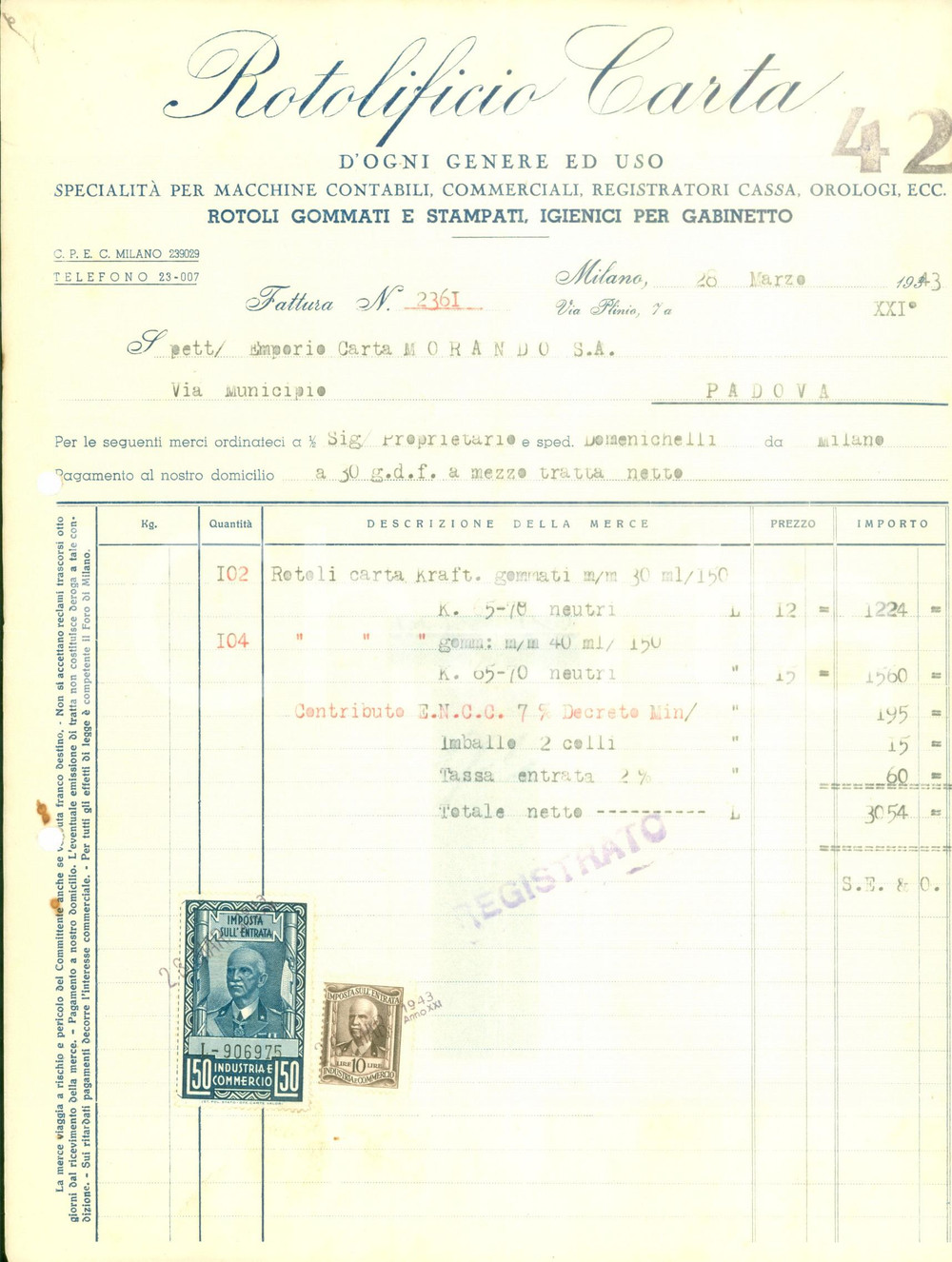 Documento originale, autentico 1943 MILANO Rotolificio carta Macchine contabili commerciali Fattura commerciale 1