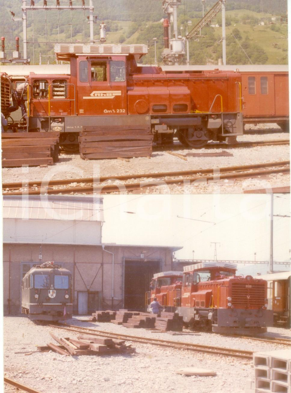 Fotografia d epoca originale 1975 ca SVIZZERA RhÃ¤tische Bahn Locomotive di manovra 232 Lotto 2 fotografie 1