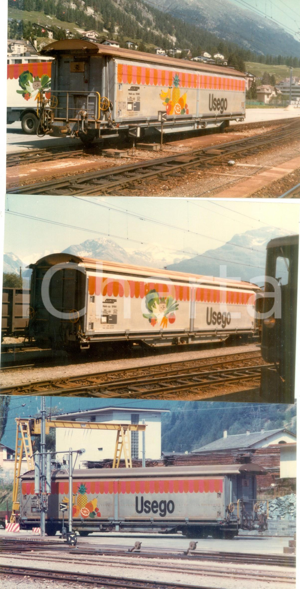 Fotografia d epoca originale 1985 SVIZZERA RhÃ¤tische Bahn Vagoni pubblicitari USEGO Lotto 3 fotografie 1