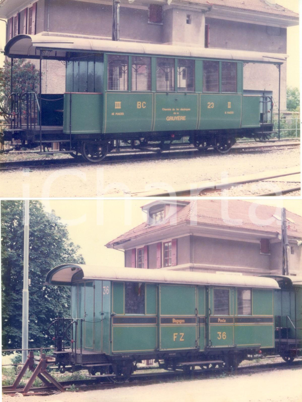 Fotografia d epoca originale 1975 ca SVIZZERA Chemins de fer LA GRUYERE Locomotiva 23 su binario Lotto 2 foto 1