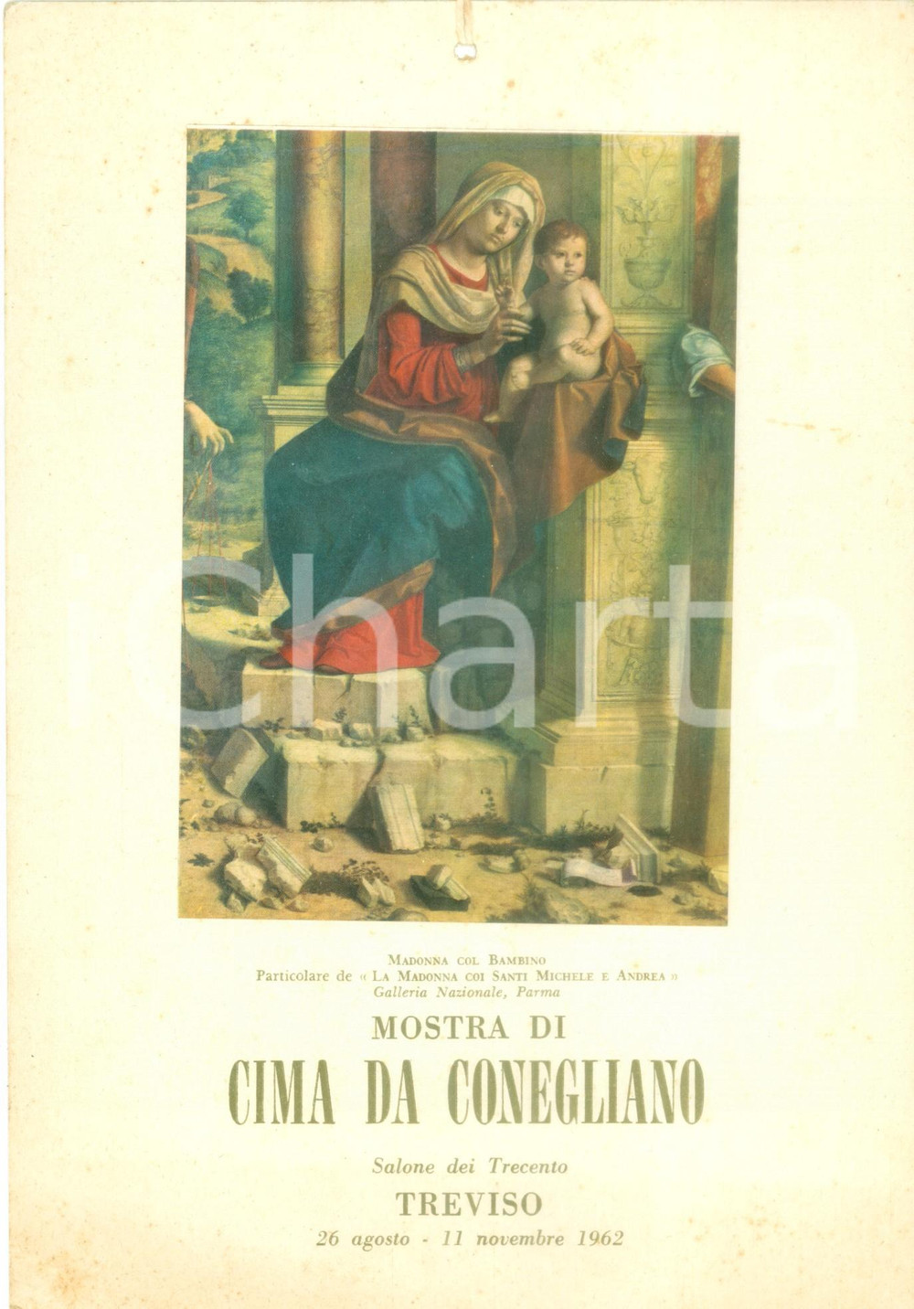 Materiale pubblicitario d’epoca 1962 TREVISO Mostra Cima CONEGLIANO Madonna coi Santi Locandina mezzi pubblici 1