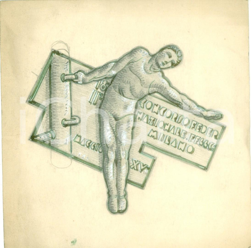 Stampa, bozzetto originale 1937 MILANO GINNASTICA II Concorso Federale Nazionale Bozzetto disegnato A MANO 1