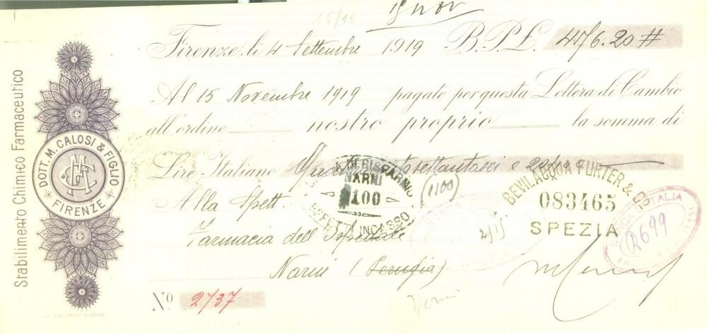 Documento originale, autentico 1919 FIRENZE Stabilimento Chimico Dott. CALOSI Cambiale pubblicitaria 1