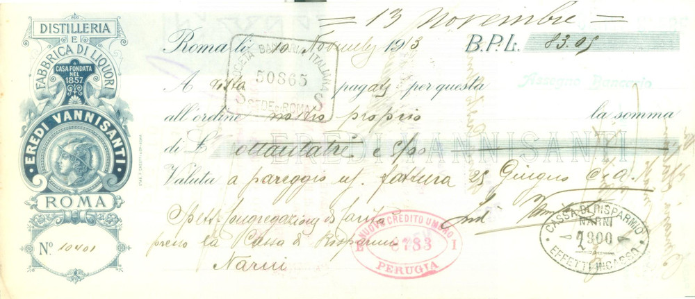 Documento originale, autentico 1913 ROMA Fabbrica liquori Eredi VANNISANTI Distilleria Assegno pubblicitario 1