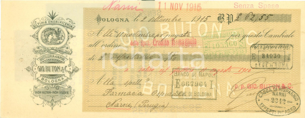 Documento originale, autentico 1915 BOLOGNA Giovanni BUTON Distilleria a vapore Cambiale pubblicitaria 1