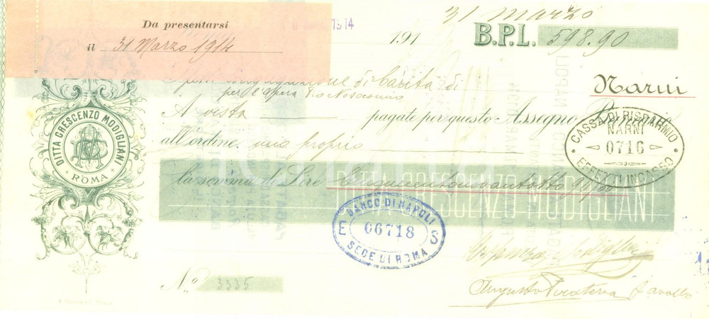 Documento originale, autentico 1914 ROMA Ditta Crescenzio MODIGLIANI Assegno bancario pubblicitario 1
