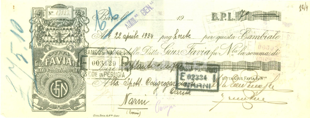 Documento originale, autentico 1934 BARI Ditta Giuseppe FAVIA fu Nicola Cambiale pubblicitaria 1