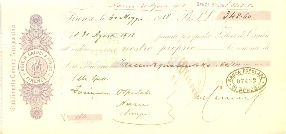 Documento originale, autentico 1918 FIRENZE Dott. CALOSI & Figlio Stabilimento Chimico Cambiale pubblicitaria 1