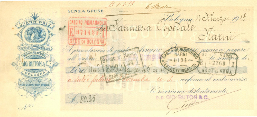 Documento originale, autentico 1918 BOLOGNA Distilleria a vapore BUTON Assegno bancario pubblicitario 1