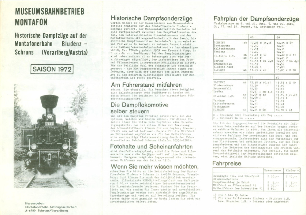 Materiale pubblicitario d’epoca 1972 AUSTRIA Ferrovie MONTAFON BLUDENZ SCHRUNS Tratte Opuscolo ILLUSTRATO 1