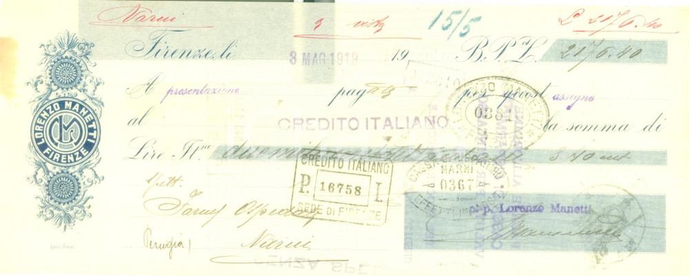 Documento originale, autentico 1919 FIRENZE Ditta Lorenzo MANETTI Assegno bancario pubblicitario 1