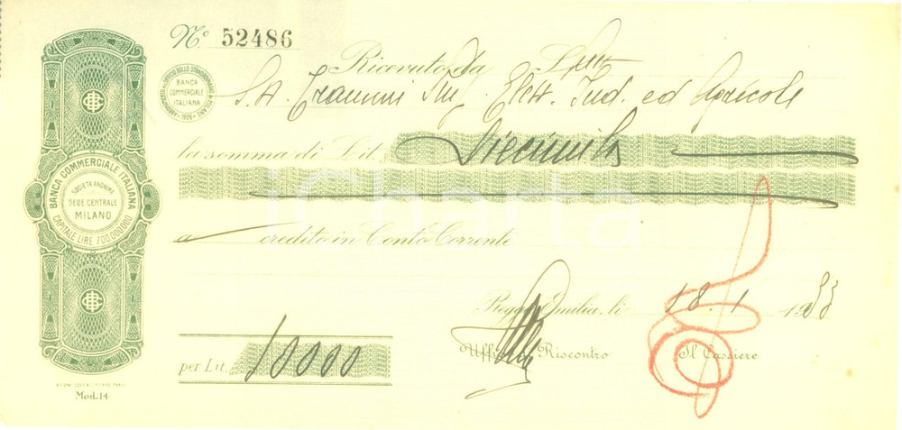 Documento originale, autentico 1933 MILANO Banca Commerciale Italiana Ricevuta pubblicitaria 1