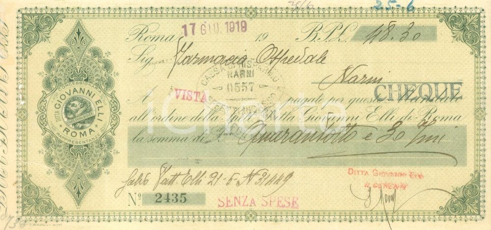 Documento originale, autentico 1919 ROMA Concessionaria Giovanni ELLI Rappresentanze Assegno pubblicitario 1