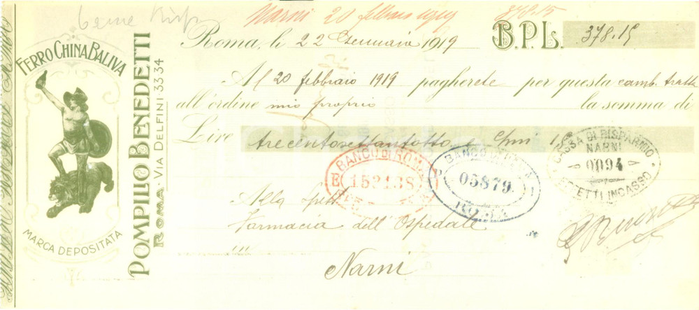 Documento originale, autentico 1919 ROMA Ditta Pompilio BENEDETTI Ferro China BALIVA Cambiale pubblicitaria 1