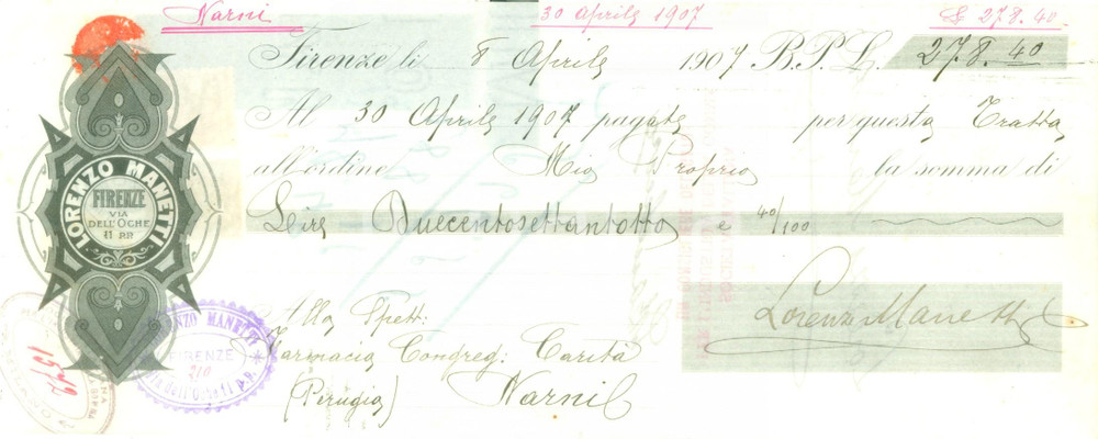 Documento originale, autentico 1907 FIRENZE Ditta Lorenzo MANETTI Assegno bancario pubblicitario 1