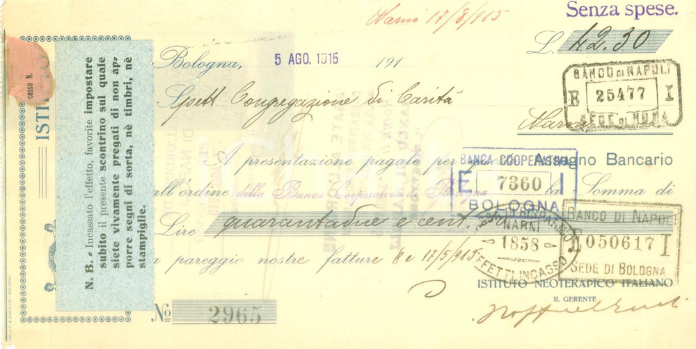 Documento originale, autentico 1915 BOLOGNA Istituto Neoterapico Italiano  Assegno bancario pubblicitario 1