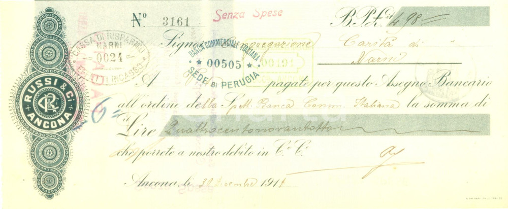 Documento originale, autentico 1911 ANCONA Ditta RUSSI & C.i  Assegno bancario pubblicitario 1
