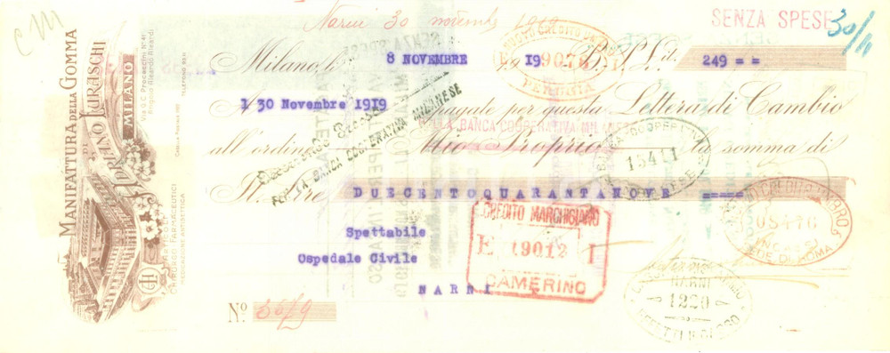 Documento originale, autentico 1919 MILANO Manifattura Gomma Adriano LURASCHI Cambiale pubblicitaria 1