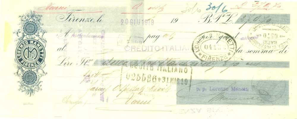 Documento originale, autentico 1919 FIRENZE Ditta Lorenzo MANETTI Assegno bancario pubblicitario 1