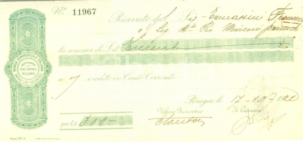 Documento originale, autentico 1921 MILANO Banca Commerciale Italiana Ricevuta pubblicitaria intestata 1