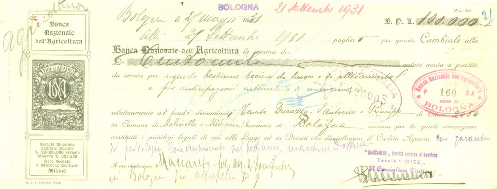 Documento originale, autentico 1931 MILANO Banca Nazionale Agricoltura Cambiale pubblicitaria 1