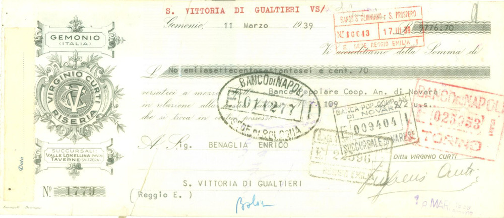 Documento originale, autentico 1939 GEMONIO VA Riseria Virginio CURTI Assegno pubblicitario 1