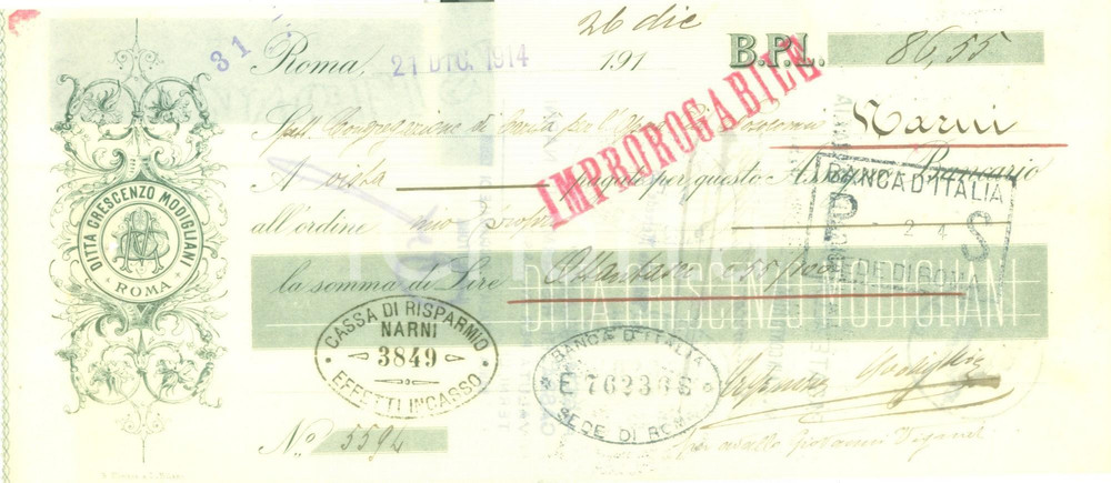 Documento originale, autentico 1914 ROMA Ditta Crescenzo MODIGLIANI Cambiale pubblicitaria improrogabile 1