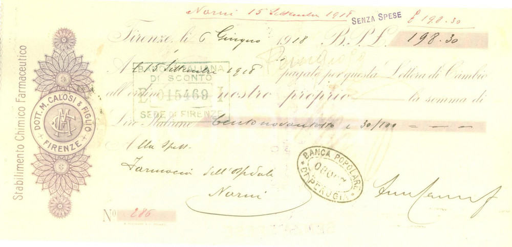 Documento originale, autentico 1918 FIRENZE Stabilimento Chimico CALOSI & Figlio Cambiale pubblicitaria 1