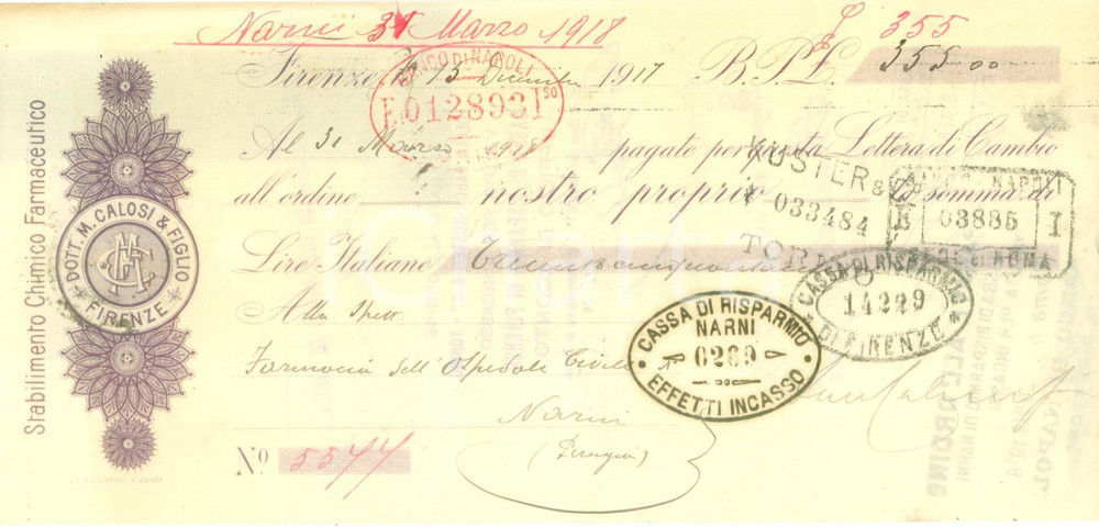 Documento originale, autentico 1917 FIRENZE Stabilimento Chimico Farmaceutico CALOSI Cambiale pubblicitaria 1
