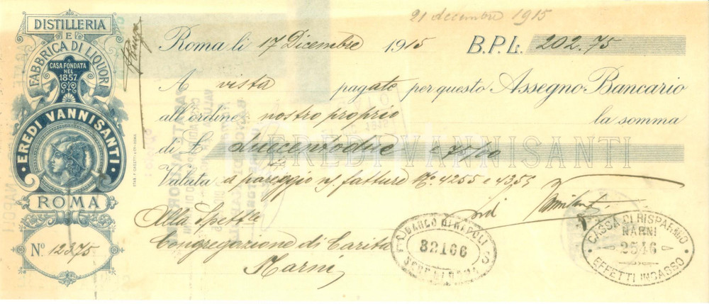 Documento originale, autentico 1915 ROMA Distilleria Eredi VANNISANTI Fabbrica liquori Cambiale pubblicitaria 1