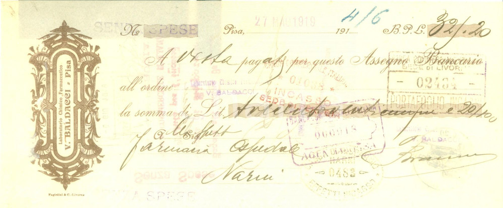 Documento originale, autentico 1919 PISA Laboratorio Chimico Farmaceutico BALDACCI Assegno pubblicitario 1