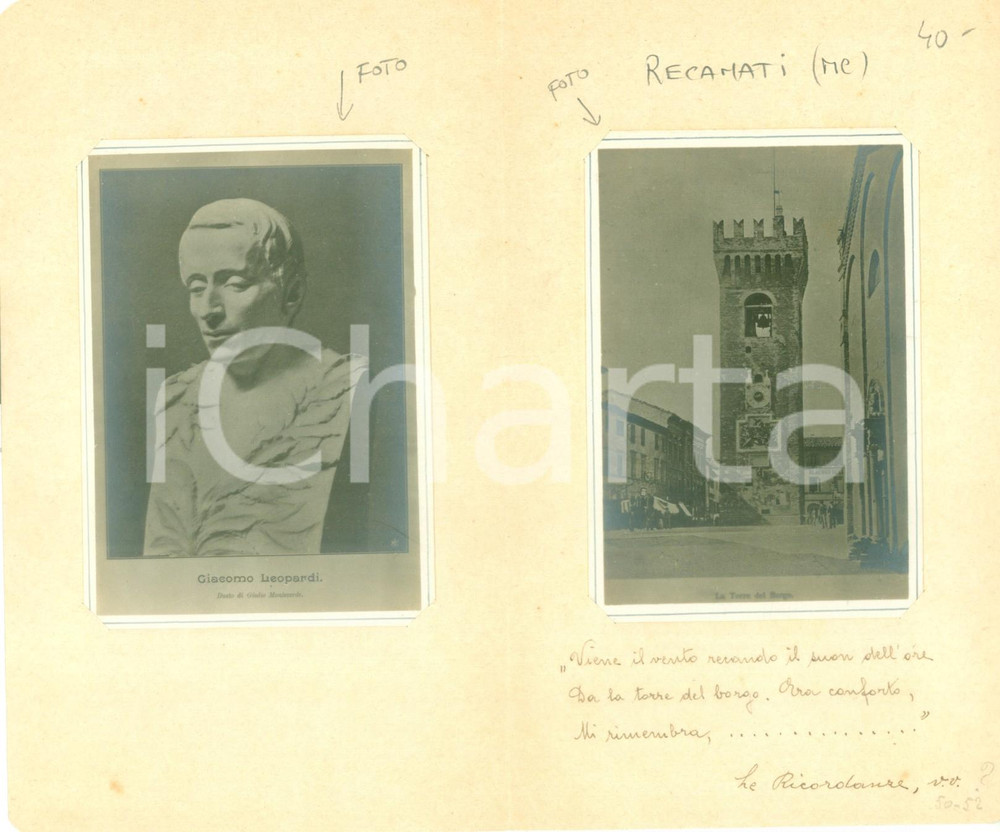 Stampa, bozzetto originale 1935 ca RECANATI MC Bozzetto per santino Giacomo LEOPARDI Torre del Borgo 1