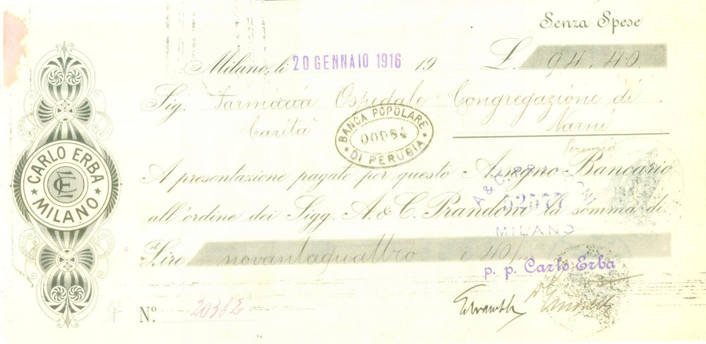 Documento originale, autentico 1916 MILANO Stabilimento Carlo ERBA Assegno bancario pubblicitario 1