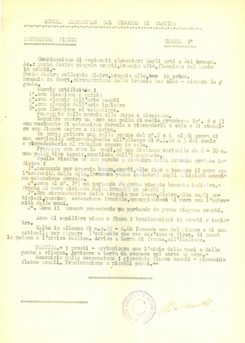 Documento originale, autentico 1940 ca CORTINA D AMPEZZO BL Scuole elementari Programma educazione fisica 1