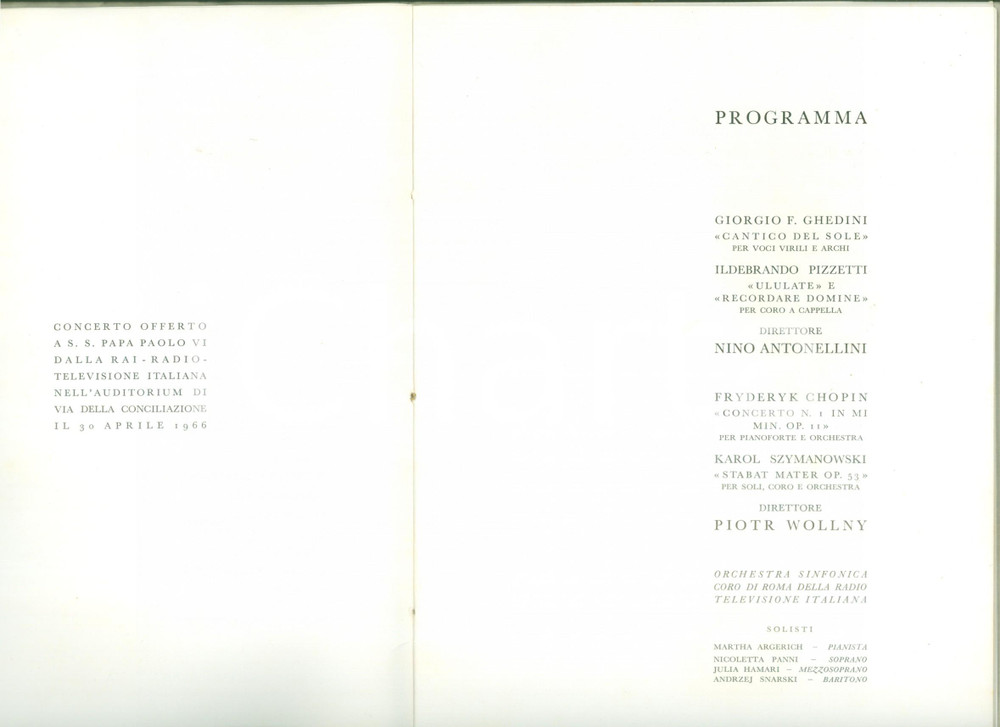 Libro, pubblicazione d epoca 1966 ROMA Concerto Piotr WOLLNY offerto a PAOLO VI Programma ILLUSTRATO 1