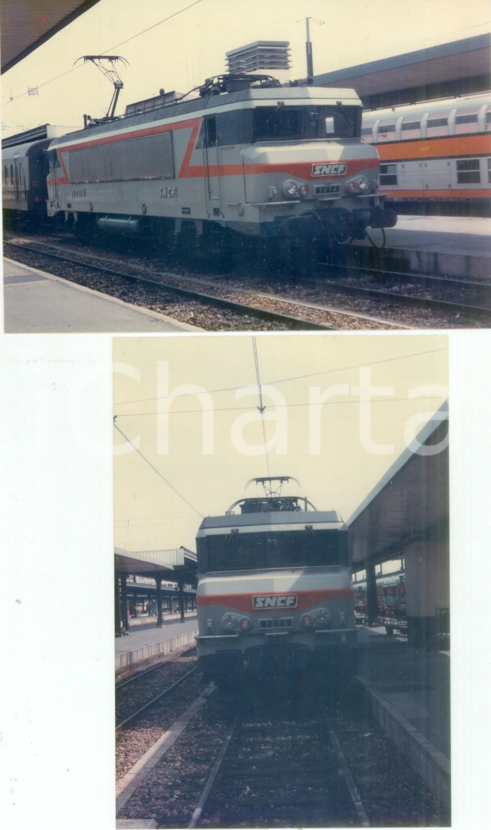 Fotografia d epoca originale 1975 ca FRANCE Locomotiva SNCF BB7274 in stazione Lotto 2 fotografie 1