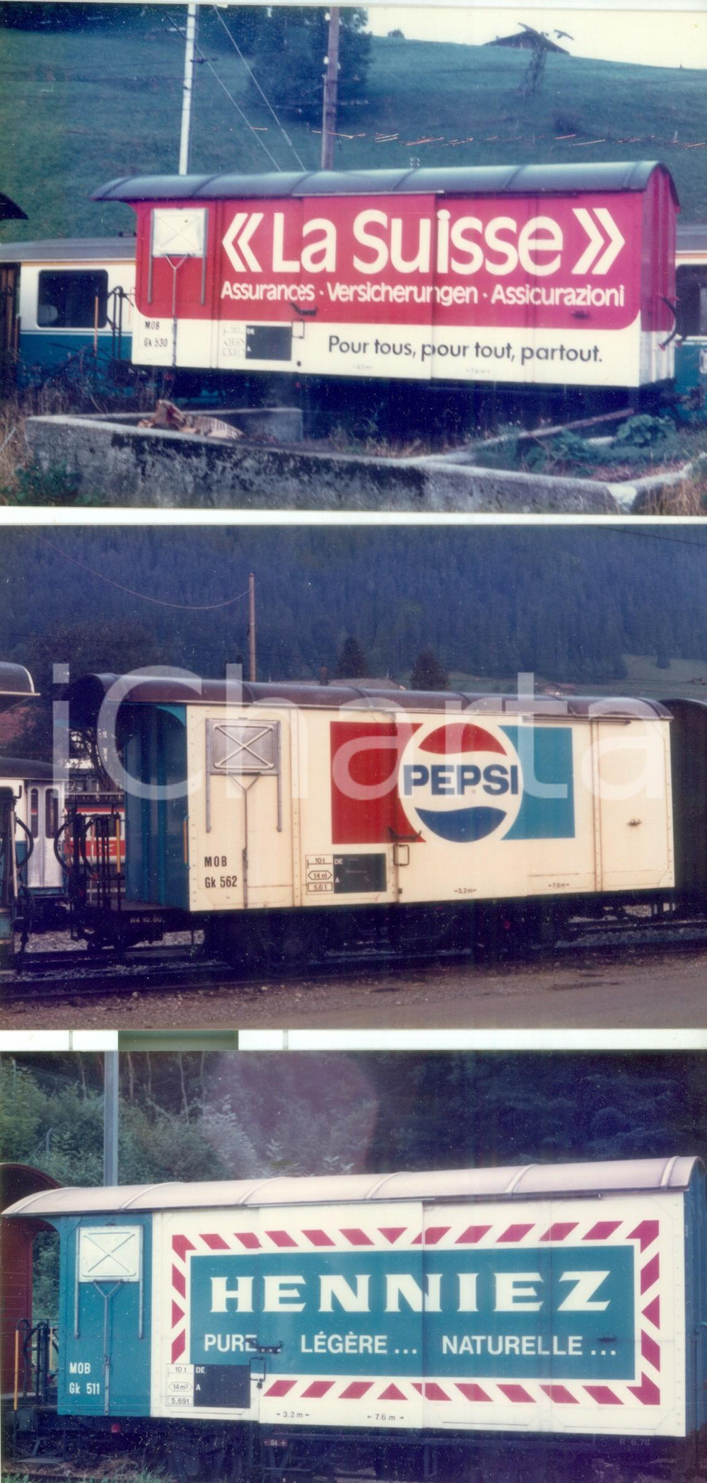 Fotografia d epoca originale 1975 ca SVIZZERA Ferrovie MOB Vagoni PEPSI LA SUISSE HENNIEZ Lotto 3 fotografie 1