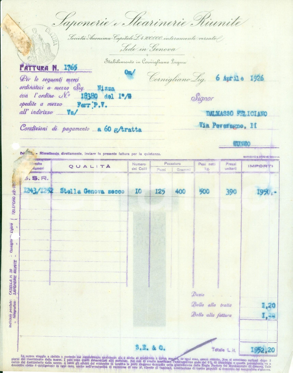 Documento originale, autentico 1926 GENOVA CORNIGLIANO Saponerie Stearinerie Riunite Fattura dattiloscritta 1