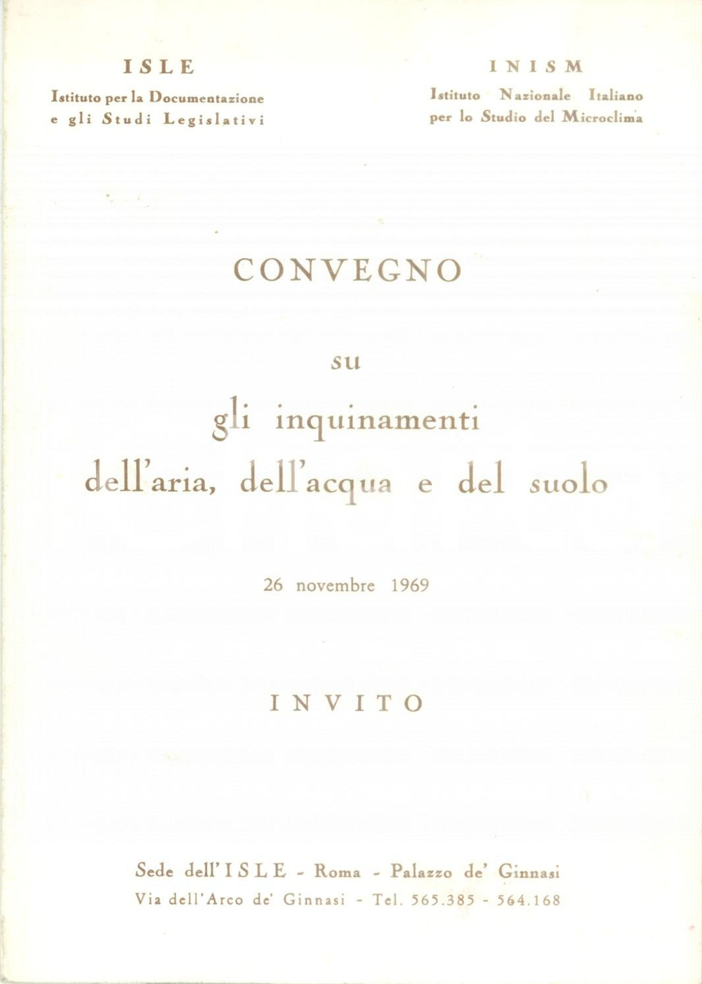 Materiale pubblicitario d’epoca 1969 ROMA ISLE Convegno su inquinamento aria acqua cielo Programma 1