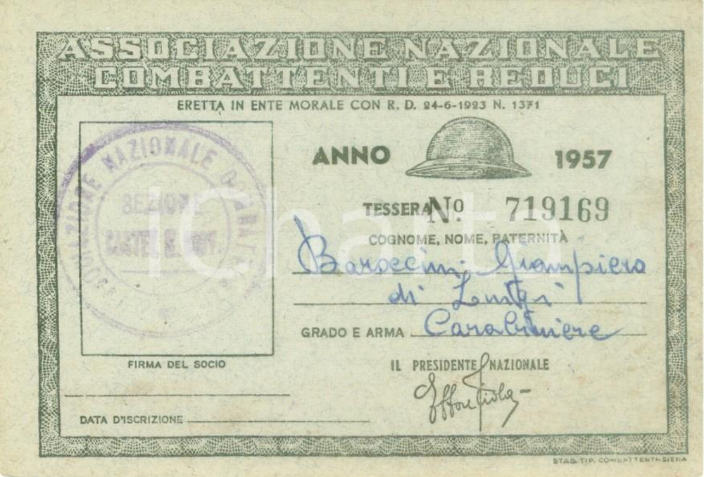Oggetto da collezione cartaceo 1957 CASTEL SAN GIOVANNI Associazione Combattenti Tessera Giampiero BAROCCINI 1