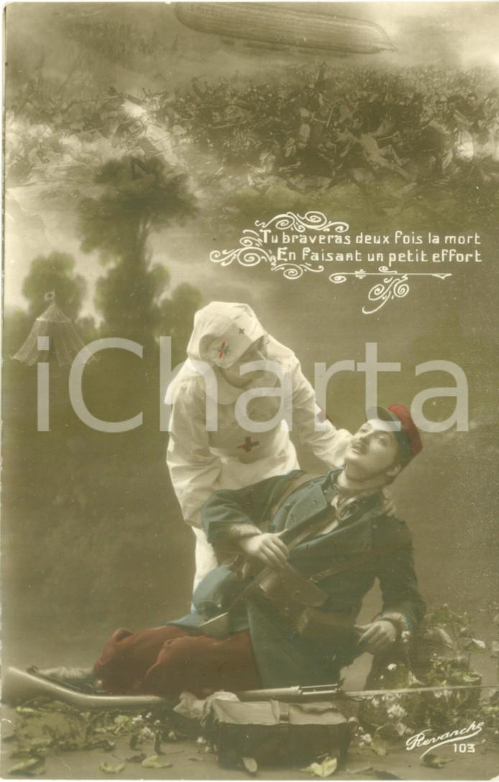 Cartolina originale da collezione 1915 ca FRANCE WW1 Crocerossina soccorre soldato ferito Cartolina postale FP NV 1