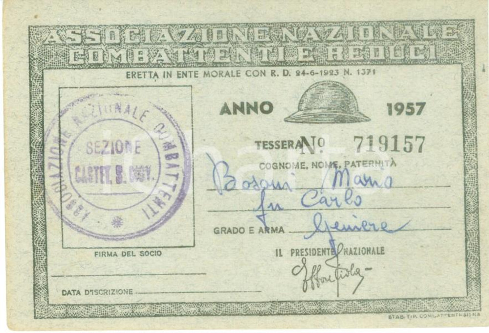 Oggetto da collezione cartaceo 1957 CASTEL SAN GIOVANNI Associazione Combattenti Reduci Tessera Mario BOSONI 1