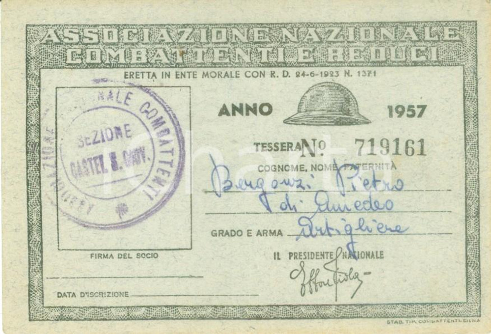 Oggetto da collezione cartaceo 1957 CASTEL SAN GIOVANNI Associazione Combattenti Reduci Tessera Pietro BERGONZI 1