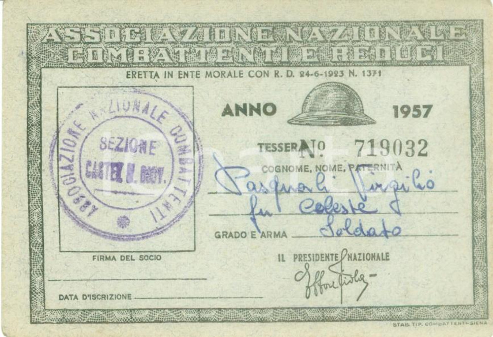 1957 CASTEL SAN GIOVANNI Associazione Combattenti Tessera Virgilio PASQUALI