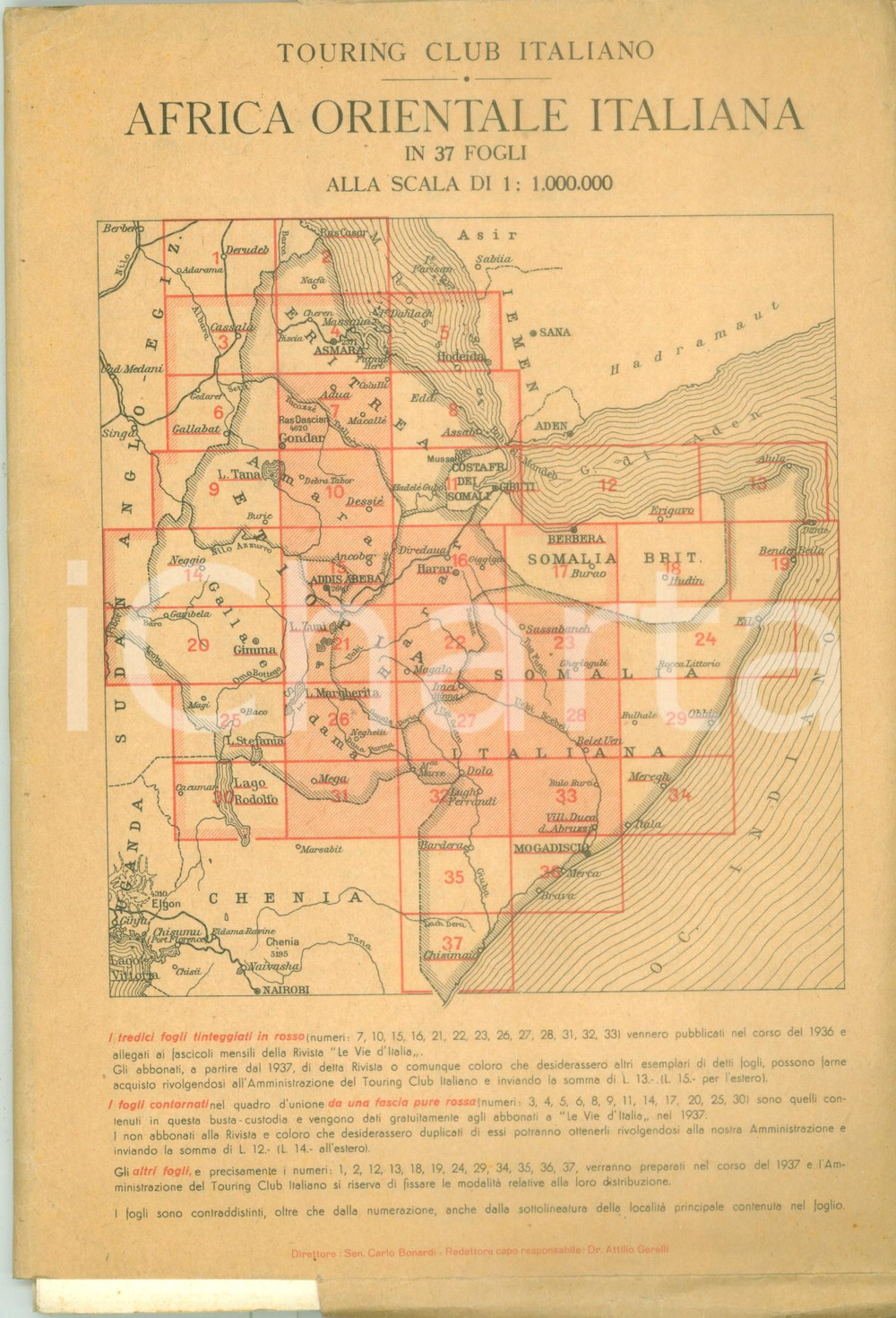 Documento originale, autentico 1936 TOURING CLUB ITALIANO Carta Africa Orientale Italiana in 37 fogli 1