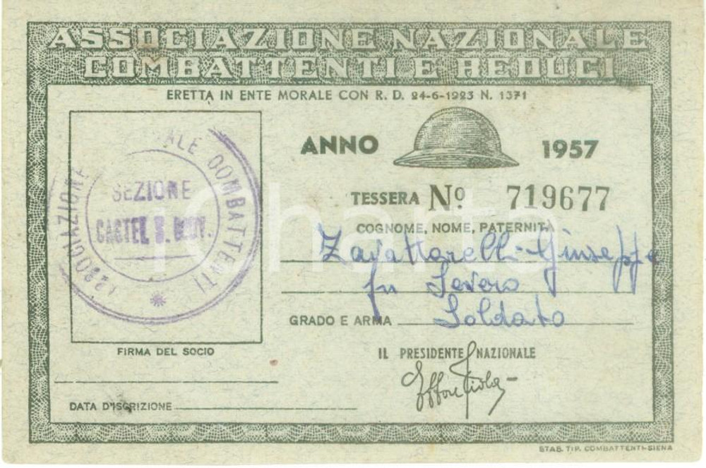 Oggetto da collezione cartaceo 1957 CASTEL SAN GIOVANNI Associazione Combattenti Tessera Giuseppe ZAVATTARELLI 1