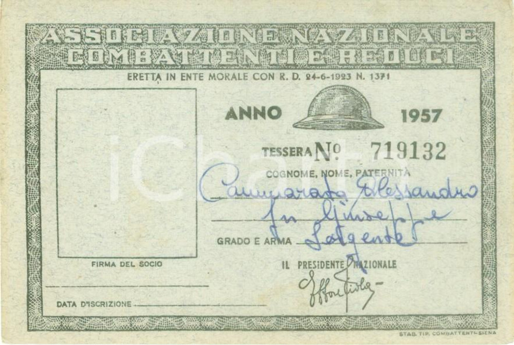 Oggetto da collezione cartaceo 1957 PIACENZA Associazione Combattenti Reduci Tessera Alessandro CAMMARATA 1